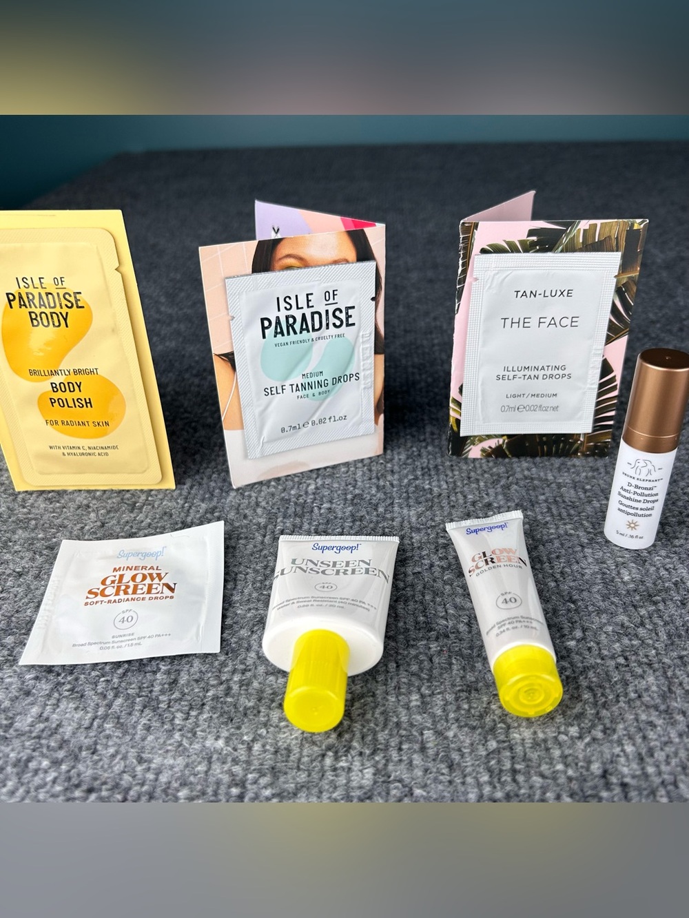 High End Beauty Sunscreen Tanning Drops Sample Travel Lot of 7 Supergoop, Isle P
